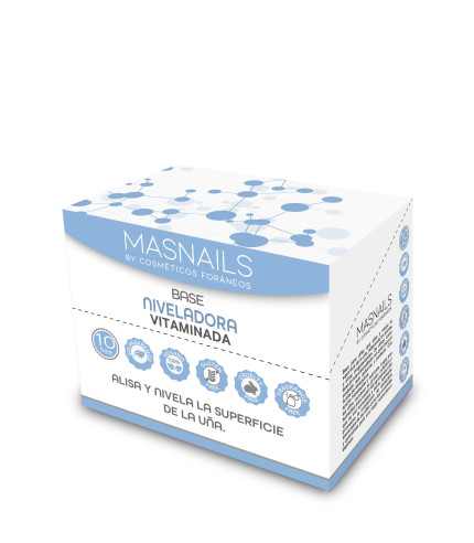 Base niveladora antiestrias vitaminada masnails 13,5 ml, expositor de 12 unidades.